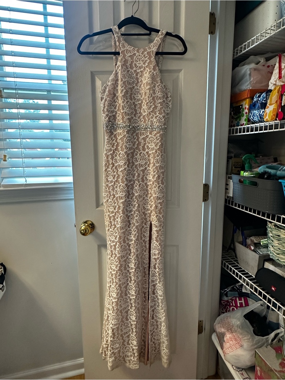 Cotton Candy blush lace halter dress with white lace straps